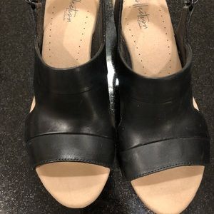 Comfy Black leather 9.5 cork platform heel sandal